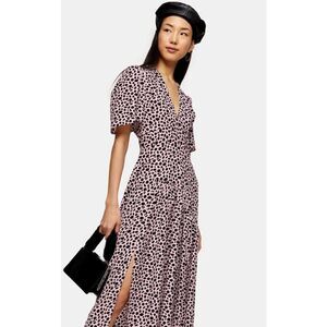 Topshop vneck angel sleeve midi dress in pink spot Animal Print Size‎ 8